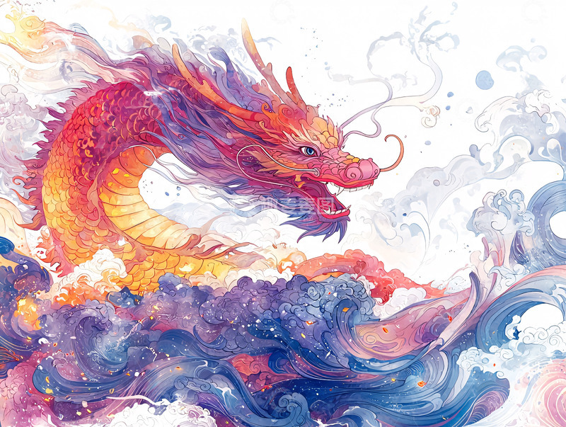 高清大图下载【趣麦麦图】水彩风格的彩色龙