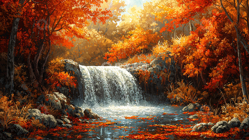 高清大图下载【趣麦麦图】秋日森林瀑布