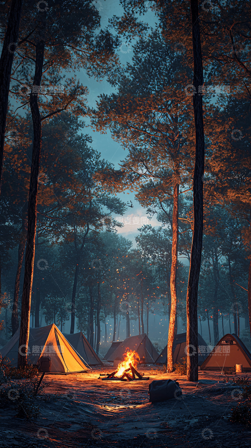 高清大图下载【趣麦麦图】夜晚森林营地篝火
