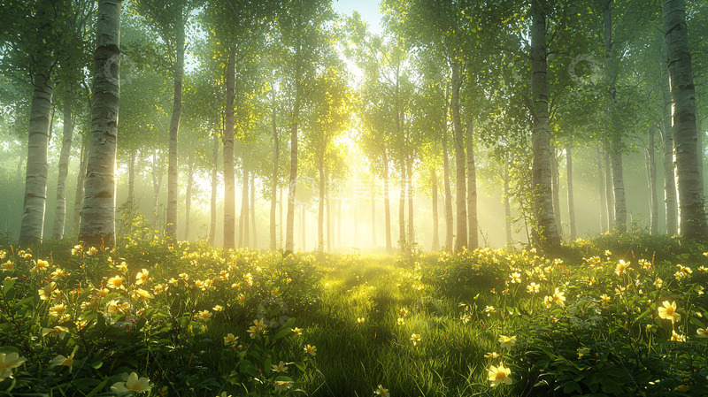 高清大图下载【趣麦麦图】阳光穿过树林照亮花海