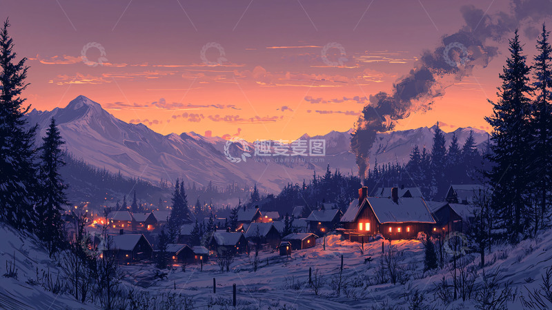 高清大图下载【趣麦麦图】雪山小镇日落