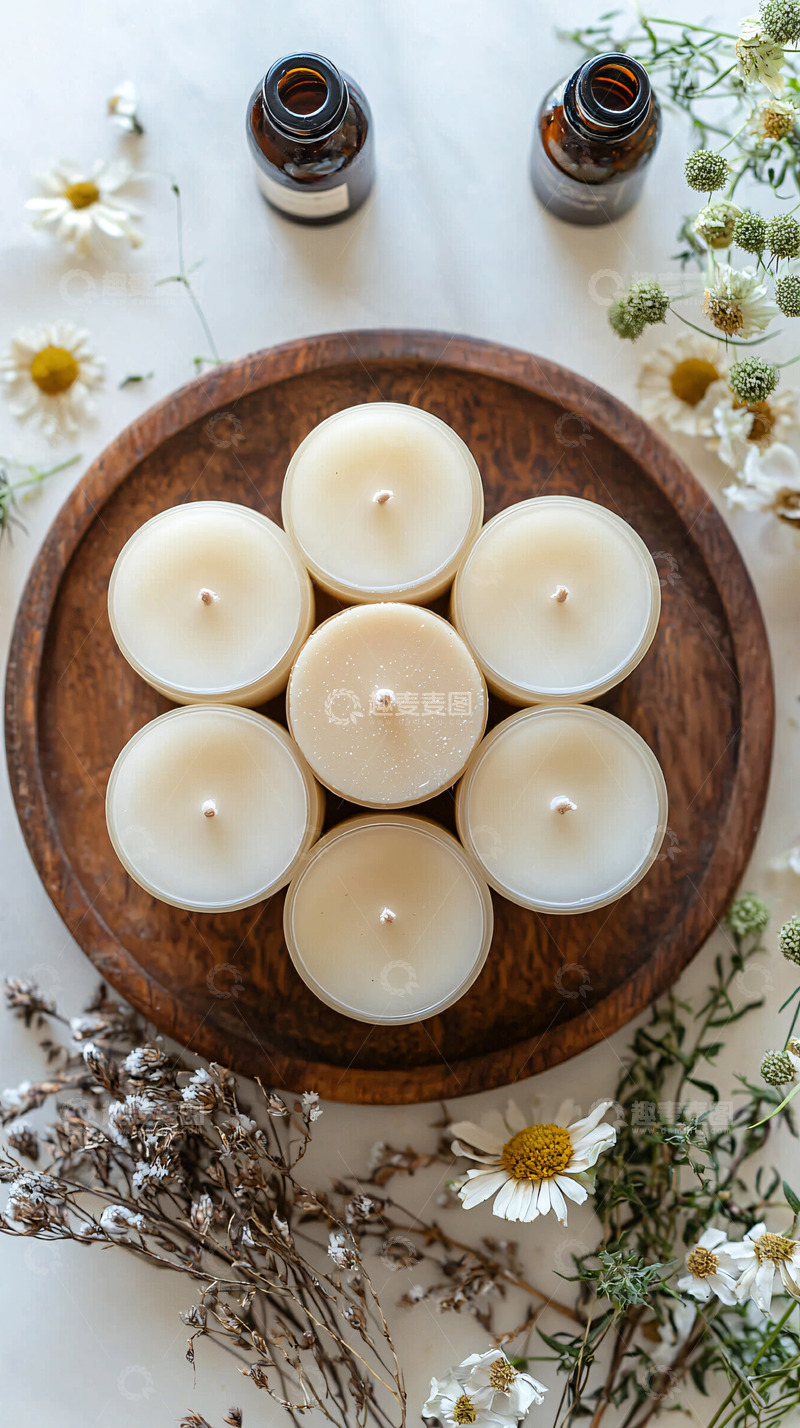 高清大图下载【趣麦麦图】木托盘上七个香薰蜡烛