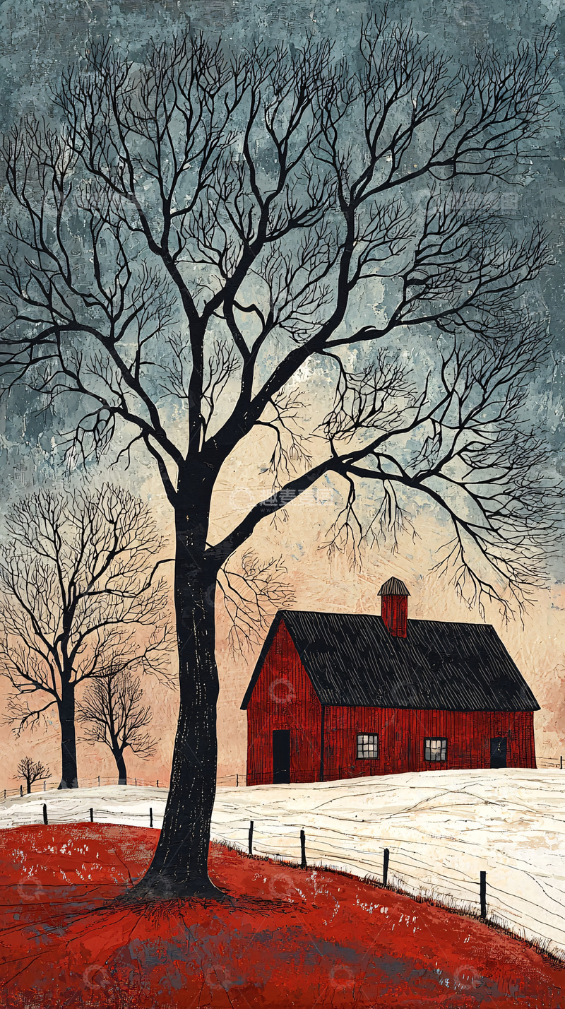 高清大图下载【趣麦麦图】冬日红房子树木风景