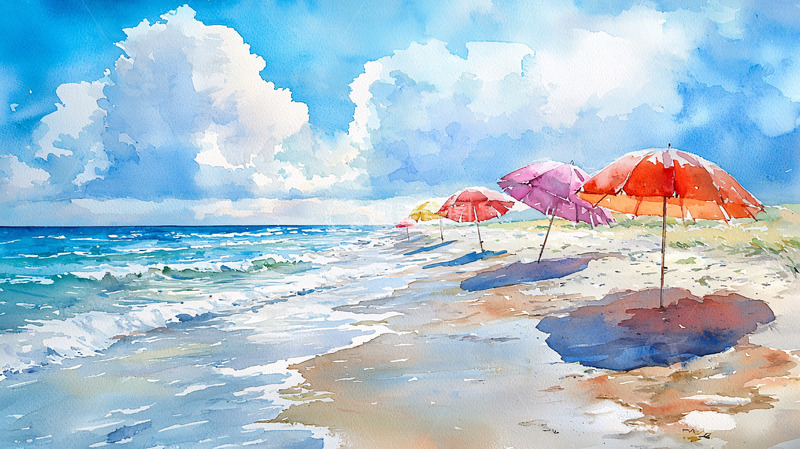 高清大图下载【趣麦麦图】水彩海滩风景画