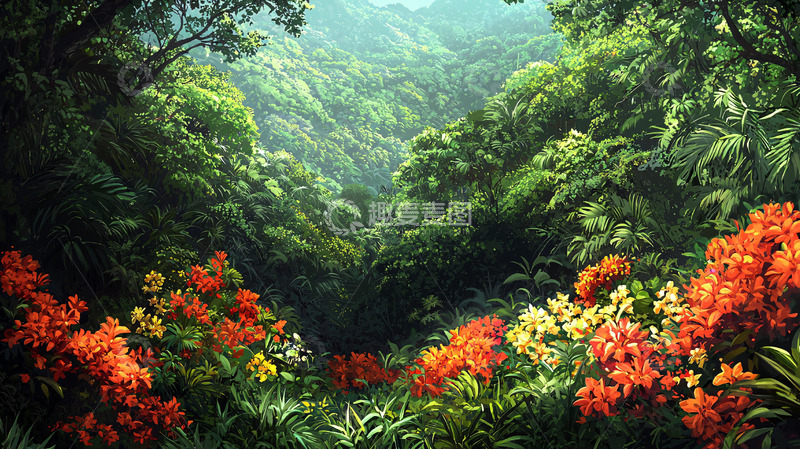 高清大图下载【趣麦麦图】葱茏雨林鲜花盛开