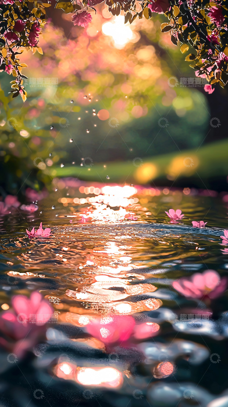 高清大图下载【趣麦麦图】夕阳下粉色花瓣飘落小溪