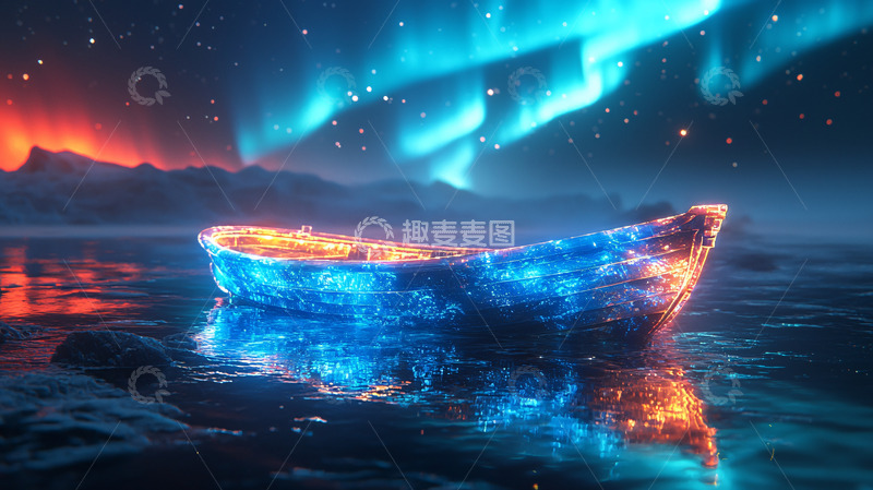 高清大图下载【趣麦麦图】极光下冰火小船