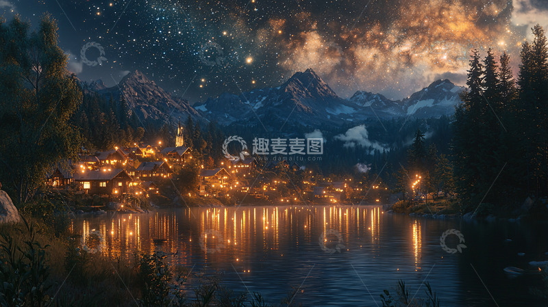 高清大图下载【趣麦麦图】梦幻湖边小镇夜景