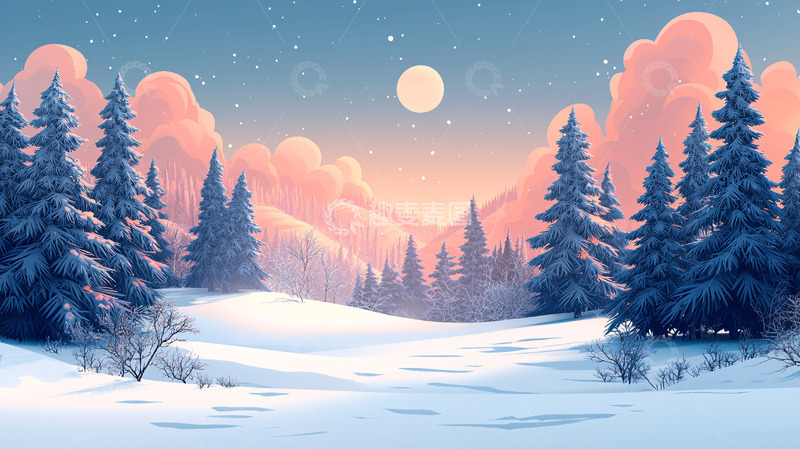 高清大图下载【趣麦麦图】冬日雪景森林粉色天空
