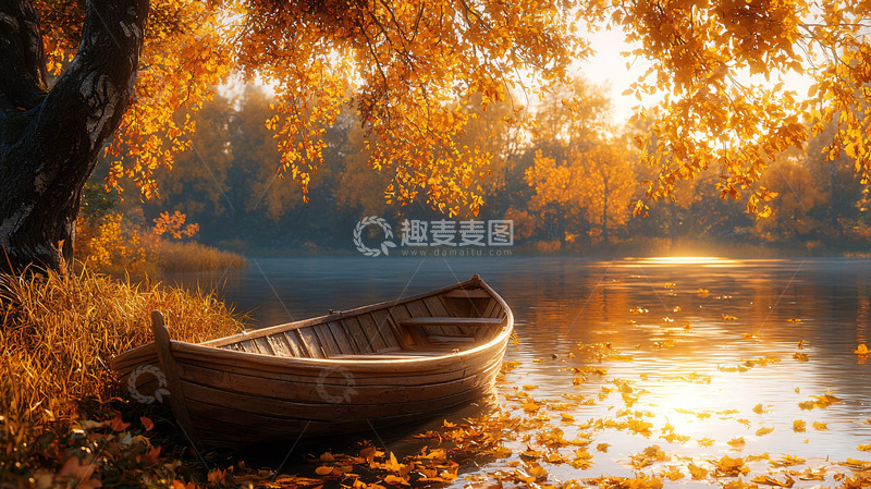 高清大图下载【趣麦麦图】秋日河边的小木船