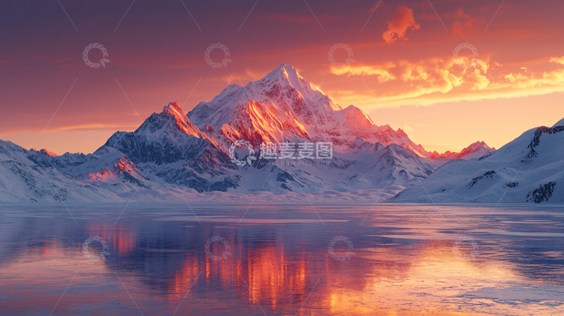 高清大图下载【趣麦麦图】雪山湖泊的日落美景