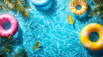 泳池里的彩色泳圈和棕榈叶