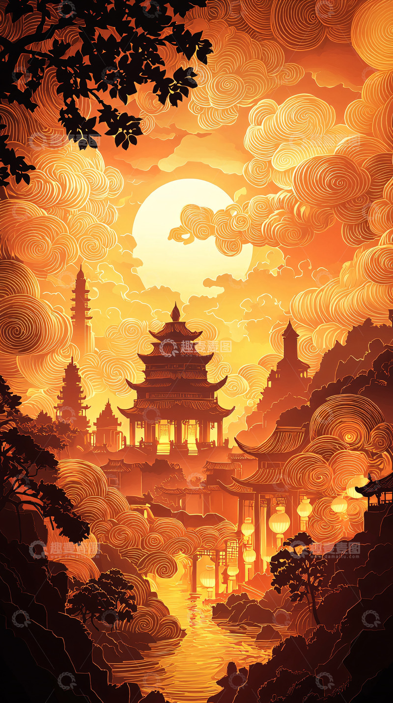 高清大图下载【趣麦麦图】金色日落下的东方古建筑