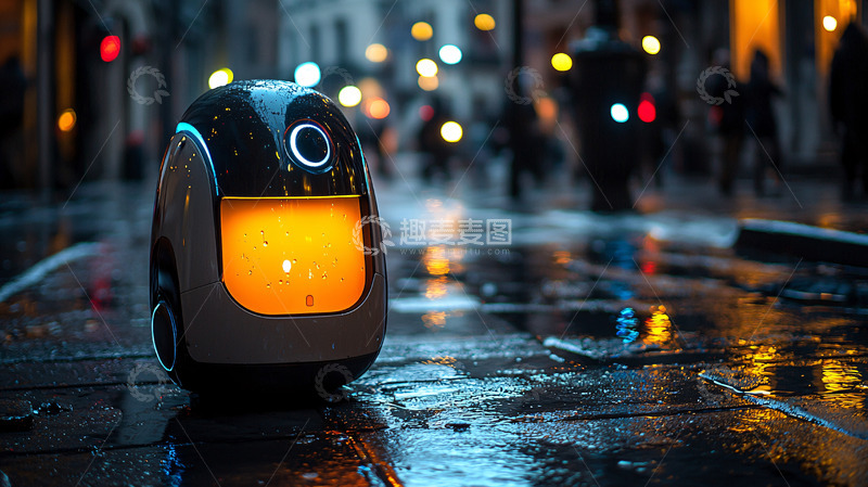 高清大图下载【趣麦麦图】夜晚街道上的小机器人