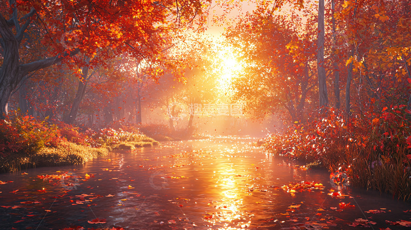 高清大图下载【趣麦麦图】秋日森林小溪日出