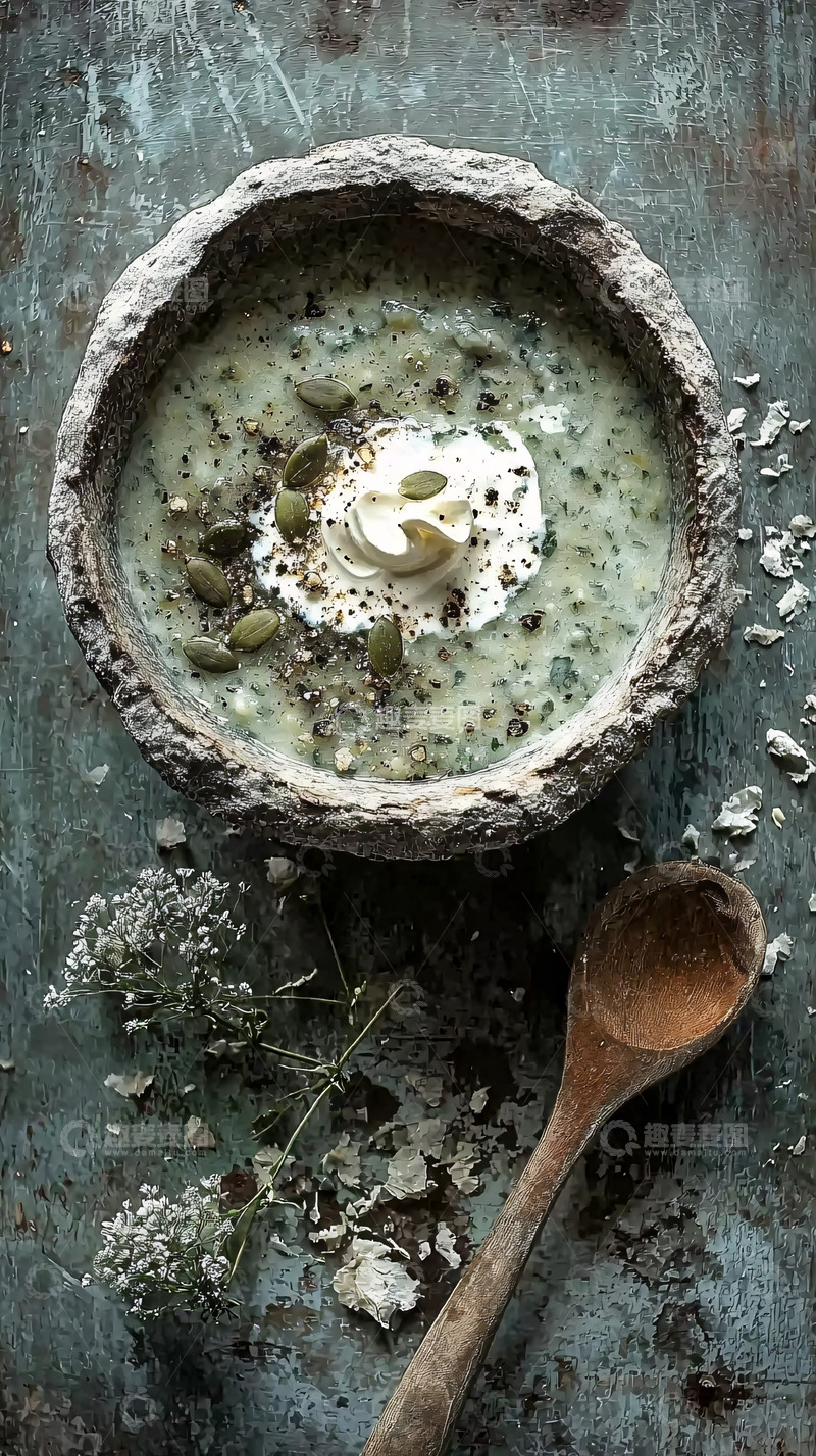 高清大图下载【趣麦麦图】浅绿色汤在石碗里
