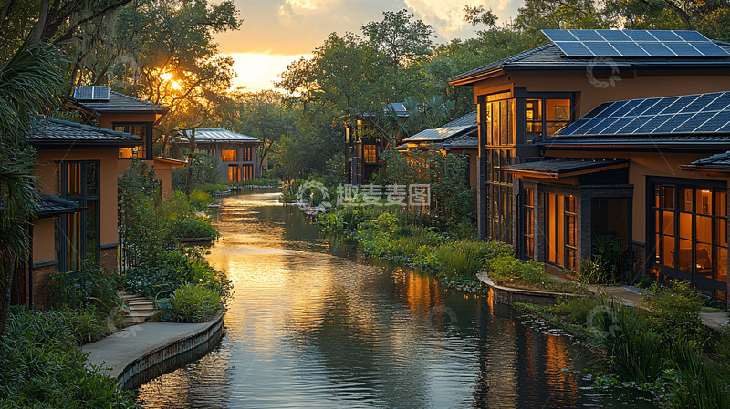 高清大图下载【趣麦麦图】日落下的河边别墅群