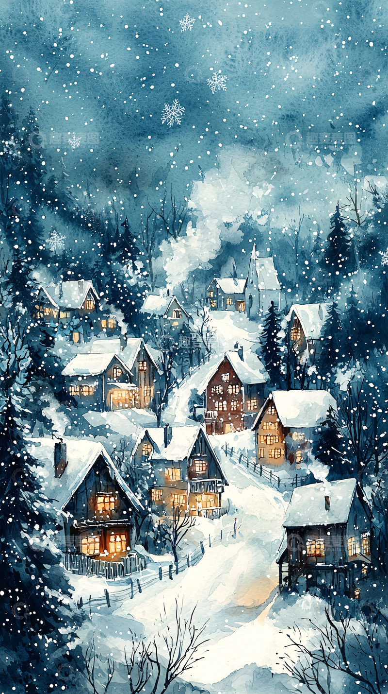 高清大图下载【趣麦麦图】冬夜雪景小镇