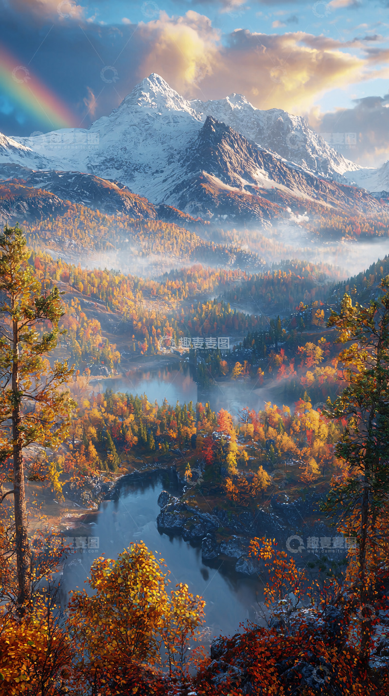 高清大图下载【趣麦麦图】秋日雪山彩虹湖泊