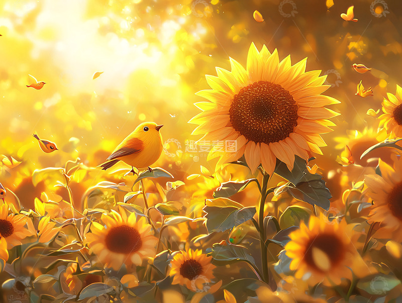 高清大图下载【趣麦麦图】阳光下的向日葵与小鸟