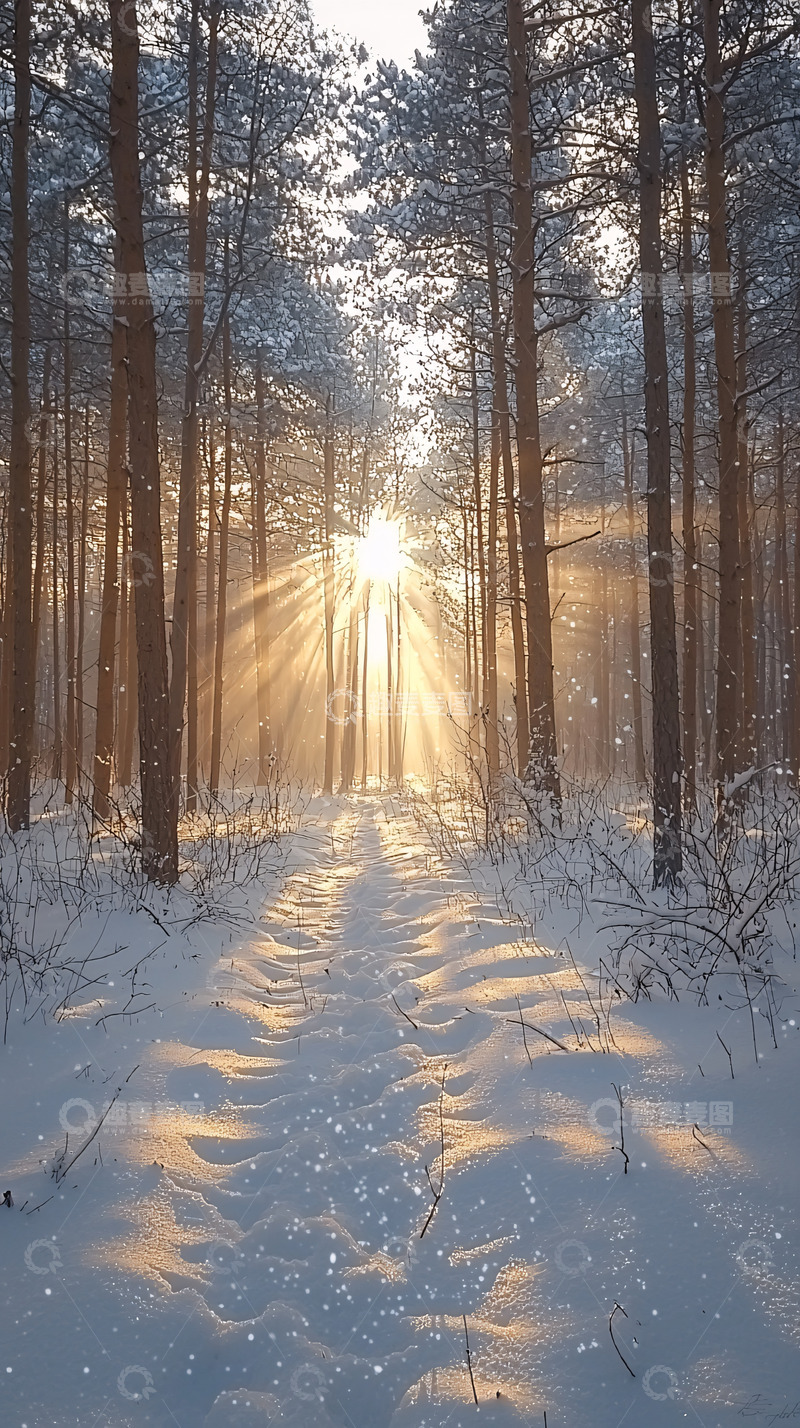 高清大图下载【趣麦麦图】冬日阳光穿过雪松林的唯美景象