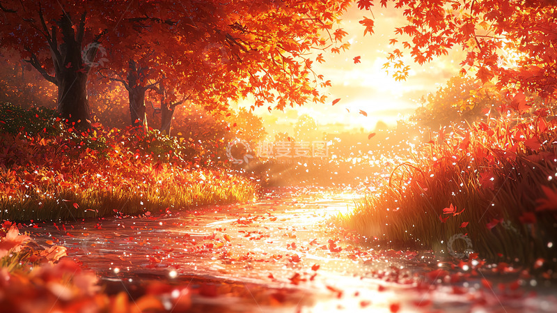 高清大图下载【趣麦麦图】秋日暖阳下的红叶小溪