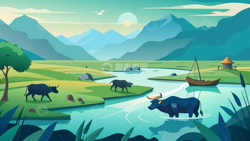 源文件下载【趣麦麦图】清明时节青山绿水田野牛群小船乡村