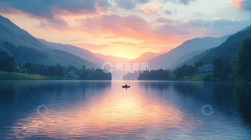 高清大图下载【趣麦麦图】平静湖面日出山谷
