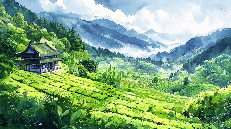 高清大图下载【趣麦麦图】山间茶田小屋
