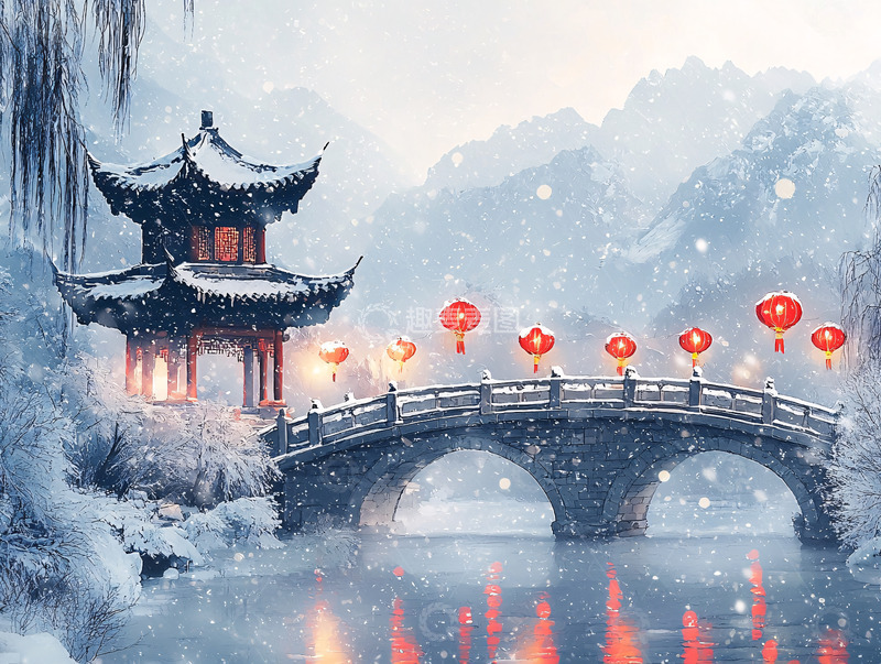 高清大图下载【趣麦麦图】雪景下的古桥红灯笼