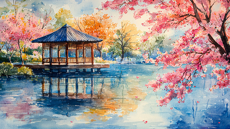 高清大图下载【趣麦麦图】春日园林水墨画