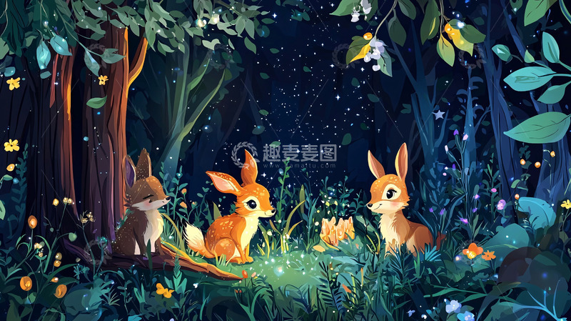 高清大图下载【趣麦麦图】夜晚森林小动物
