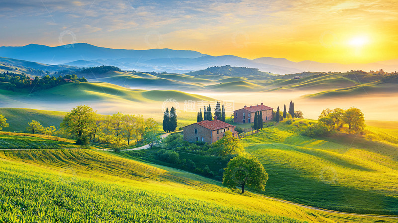 高清大图下载【趣麦麦图】清晨乡间别墅田园风光