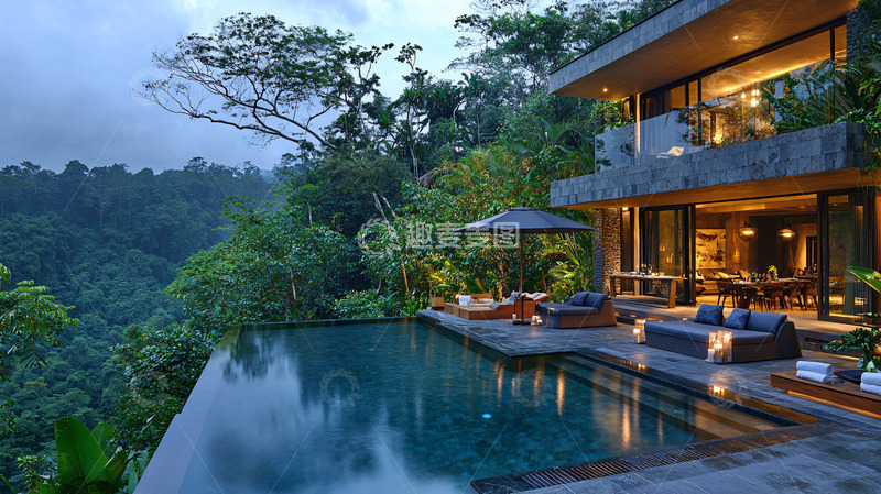 高清大图下载【趣麦麦图】山林别墅泳池夜景