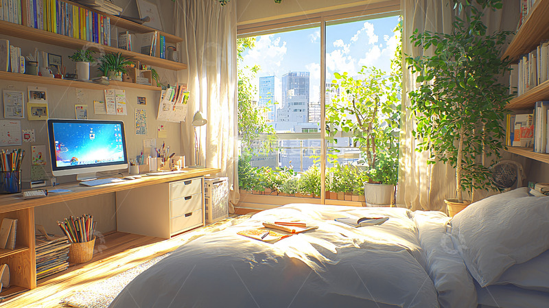 高清大图下载【趣麦麦图】阳光洒满房间的温馨卧室