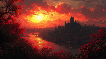 城堡剪影下的红色日落