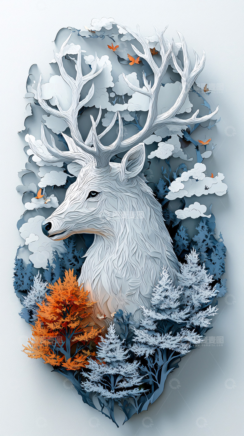 高清大图下载【趣麦麦图】白色剪纸雄鹿