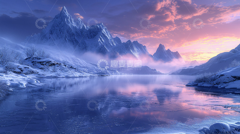 高清大图下载【趣麦麦图】雪山湖泊日落景色