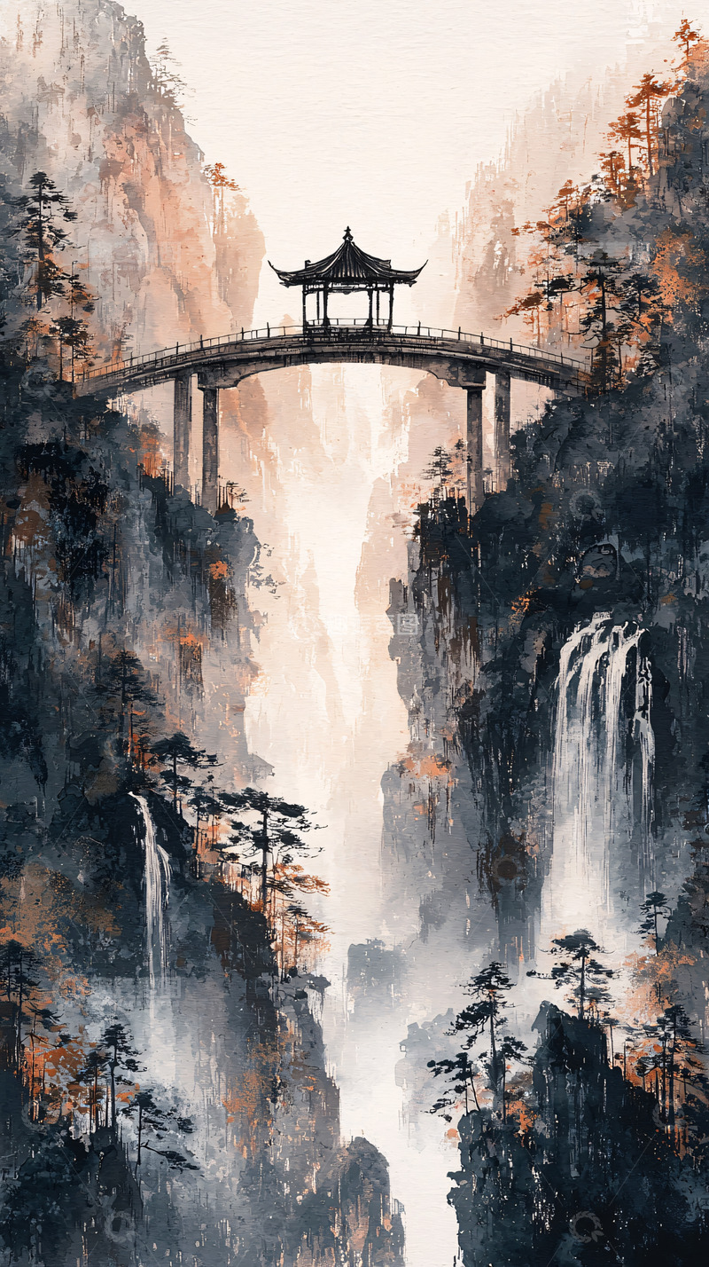高清大图下载【趣麦麦图】水墨风格山水间的凉亭
