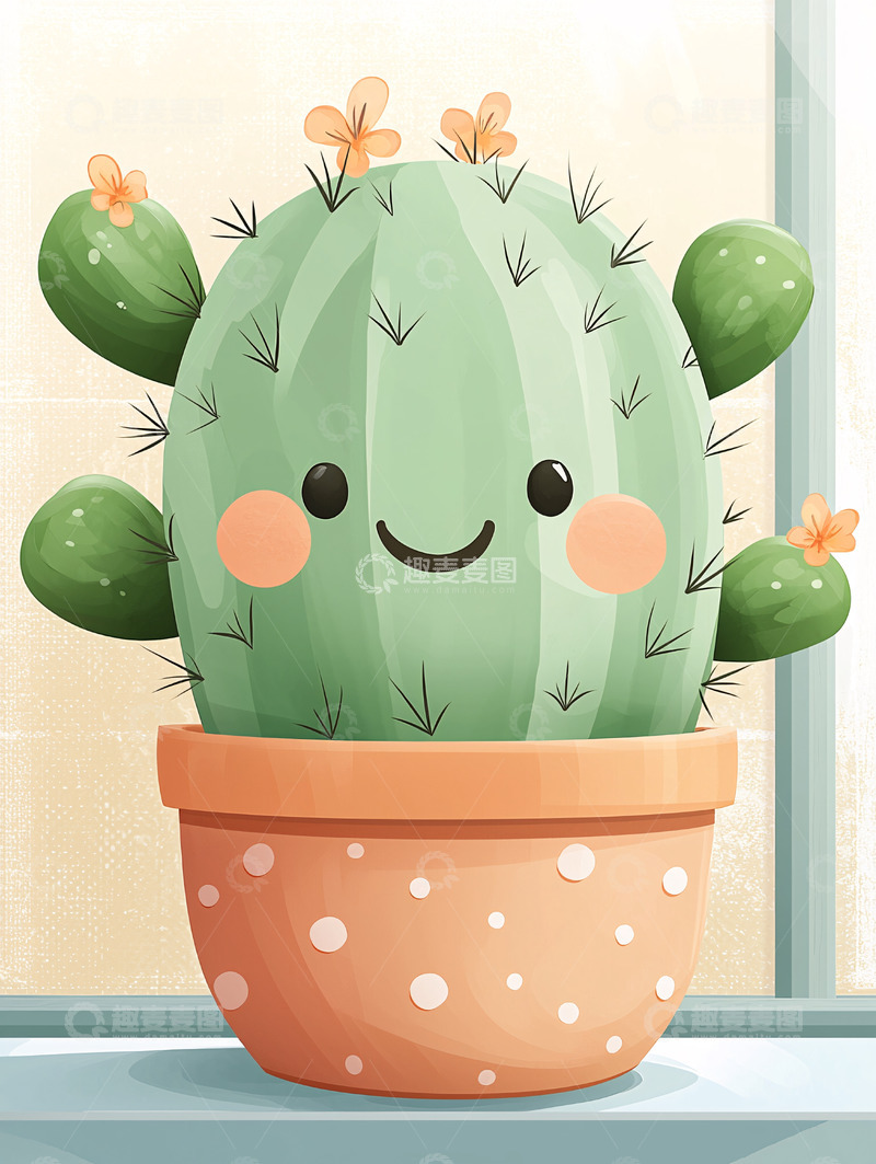 高清大图下载【趣麦麦图】卡通仙人掌盆栽笑脸