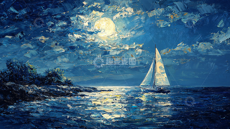 高清大图下载【趣麦麦图】月夜帆船航行