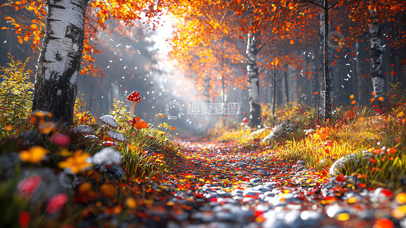 高清大图下载【趣麦麦图】秋日森林小路光线和落叶