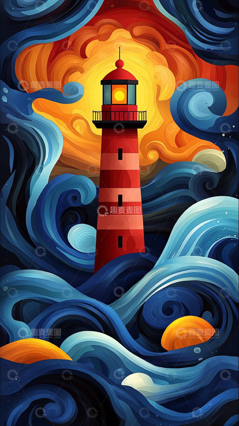 高清大图下载【趣麦麦图】灯塔与汹涌波浪的艺术画