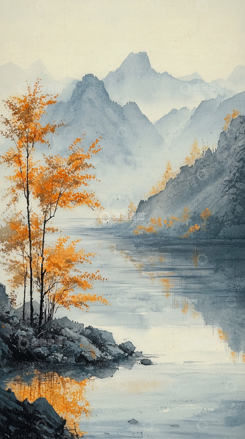 高清大图下载【趣麦麦图】秋景山河水墨画