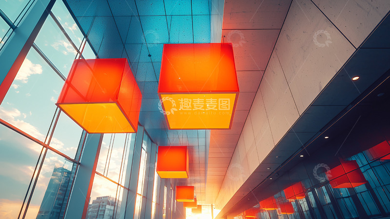 高清大图下载【趣麦麦图】现代建筑室内红色立方体灯饰