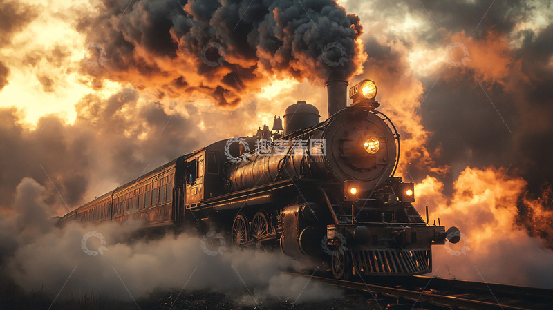 高清大图下载【趣麦麦图】蒸汽火车夕阳下的疾驰