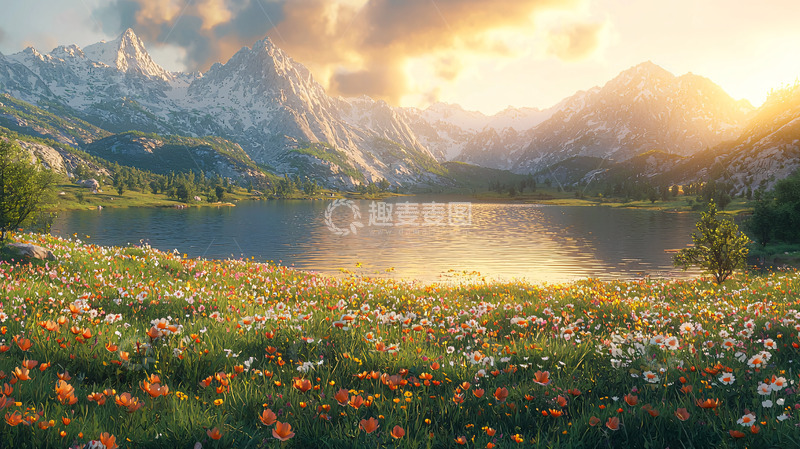 高清大图下载【趣麦麦图】阳光下的高山湖泊鲜花