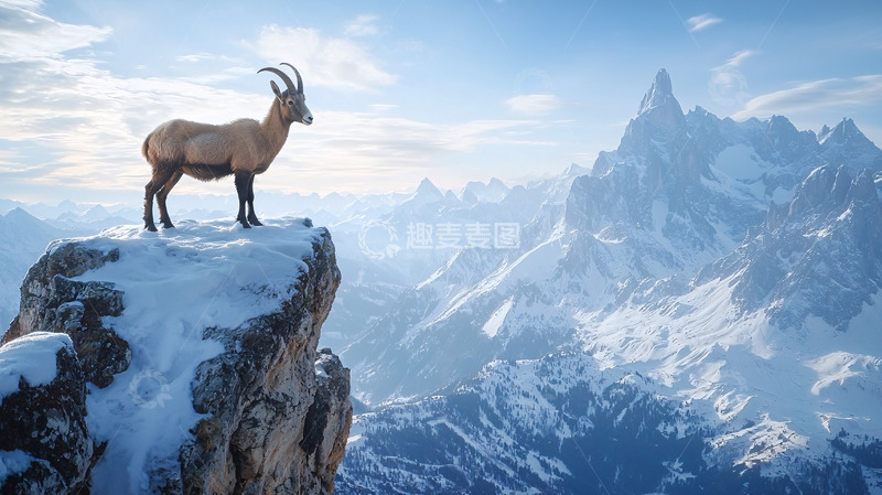高清大图下载【趣麦麦图】雪山之巅的雄伟山羊