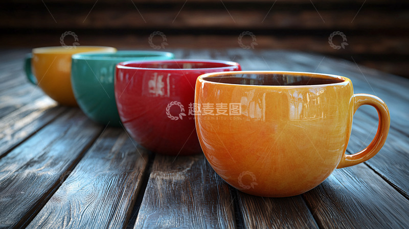 高清大图下载【趣麦麦图】彩色马克杯木桌排列
