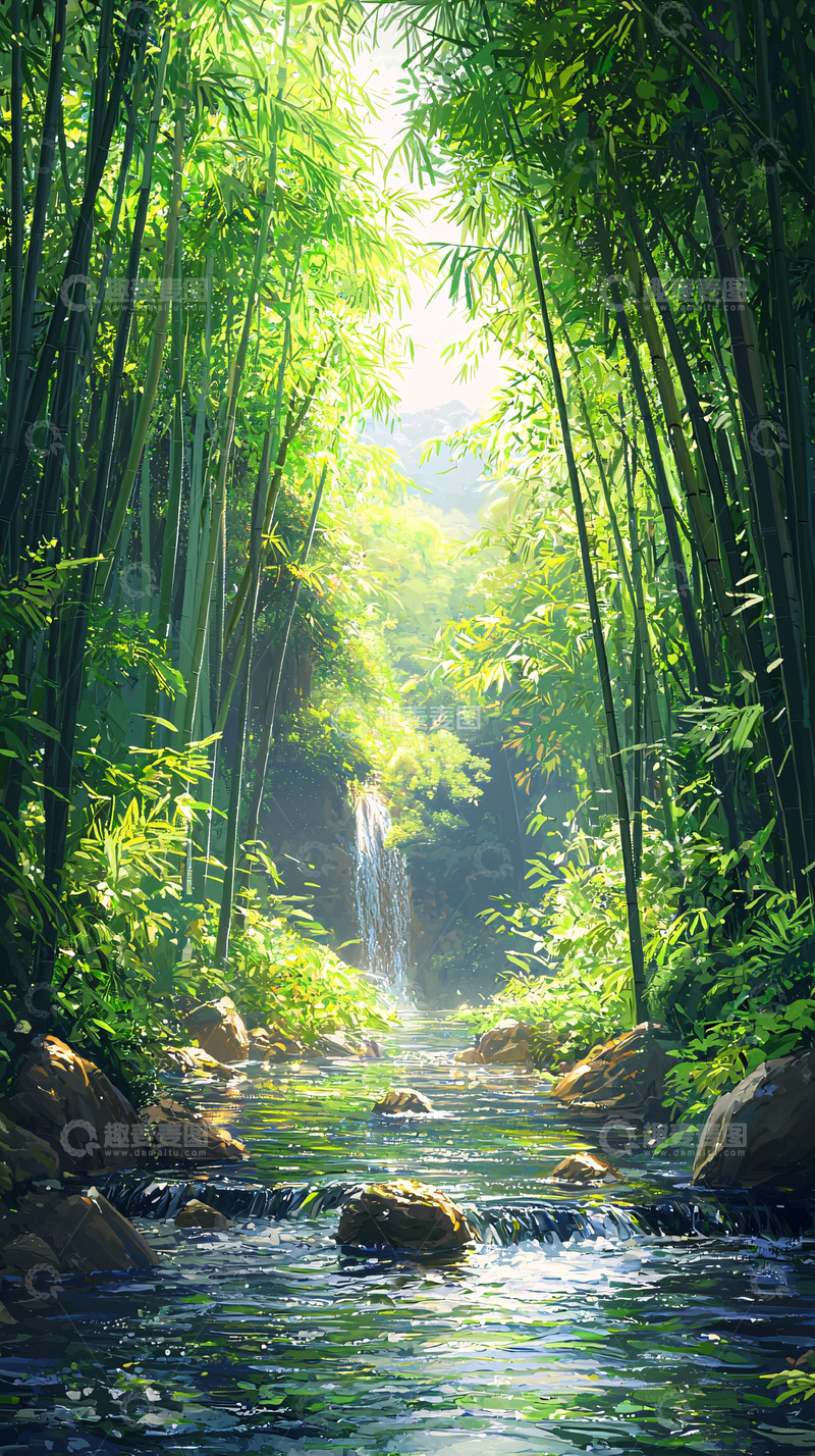高清大图下载【趣麦麦图】竹林小溪瀑布